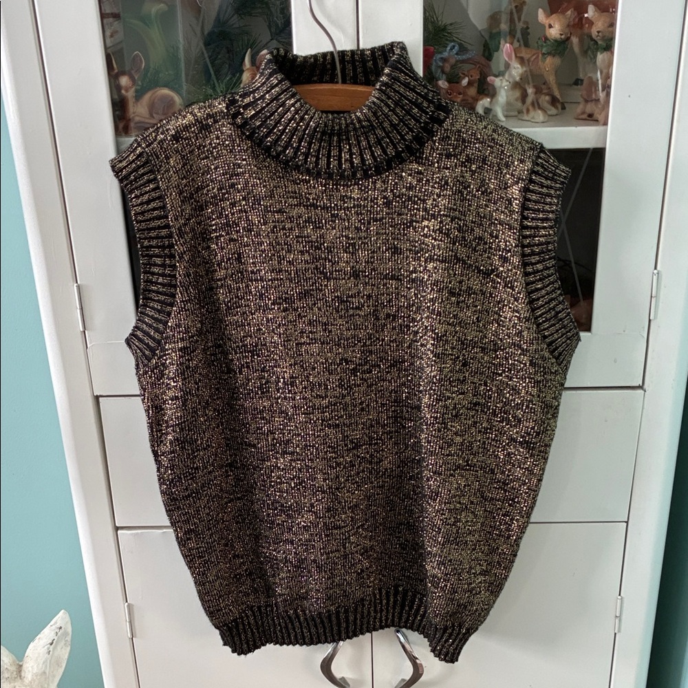 Knit Street sz XL Vintage Sleeveless Sweater Vest gold metallic euc
